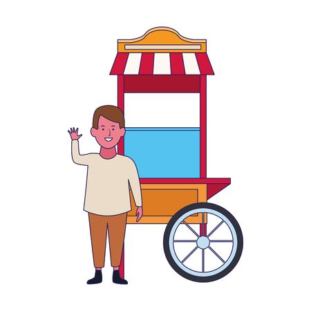 happy boy waving and pop corn cart icon over white background, vector illustrationのイラスト素材