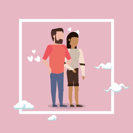 cute interracial lovers couple with clouds vector illustration designのイラスト素材