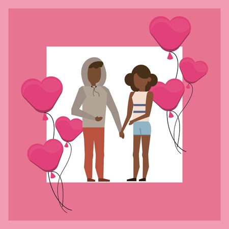 afro lovers couple with hearts balloons helium vector illustration designのイラスト素材