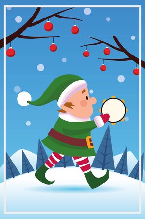 merry christmas card with santa claus elf helper playing tambourine vector illustrationのイラスト素材