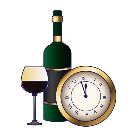 vintage clock with wine glass and bottle icon over white background, colorful design, vector illustrationのイラスト素材