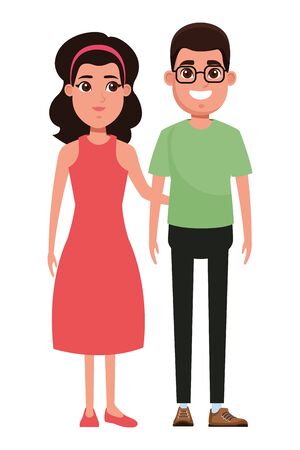 couple avatar man wearing glasses and brunette woman wearing bandana and dress profile picture cartoon character portrait vector illustration graphic designのイラスト素材