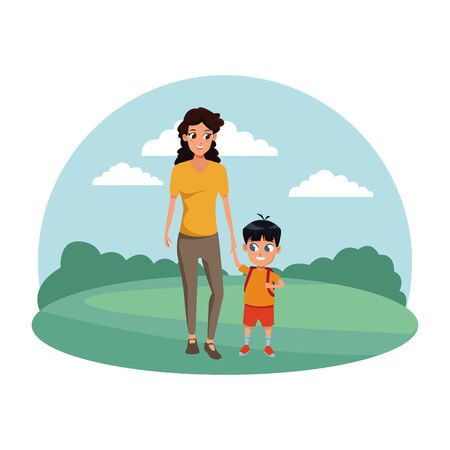 Family single mother with kid son holding school backpack in the nature park scenery ,vector illustration.のイラスト素材
