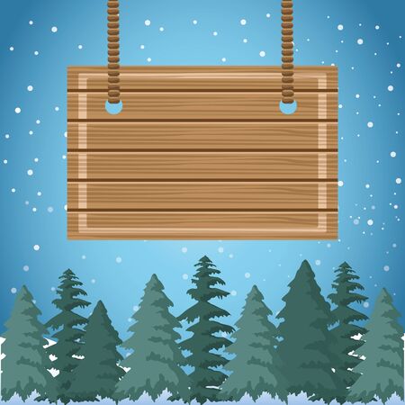 wooden board hanging and pines trees over blue snowy background, colorful design , vector illustrationのイラスト素材