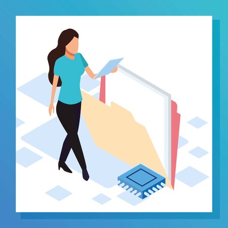 avatar woman with big folder over white background, colorful design, vector illustrationのイラスト素材