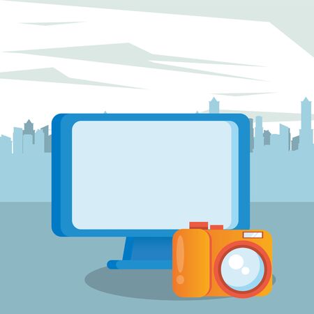 desktop computer display with camera photographic vector illustration designのイラスト素材