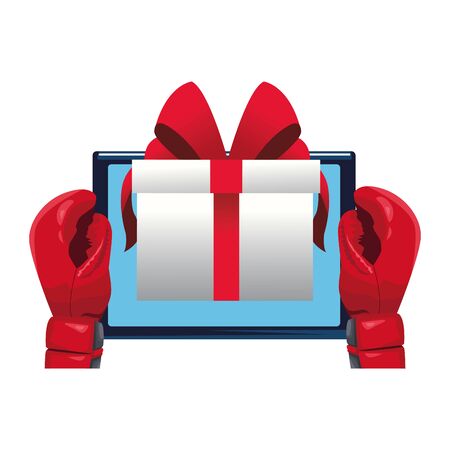boxing gloves with tablet and gift box icon over white background, vector illustrationのイラスト素材
