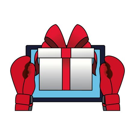 boxing gloves with tablet and gift box icon over white background, vector illustrationのイラスト素材