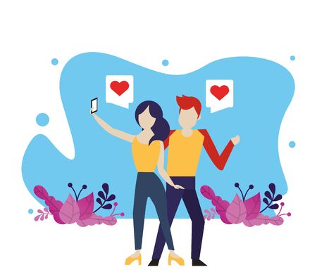 young couple using device with social media app vector illustration designのイラスト素材