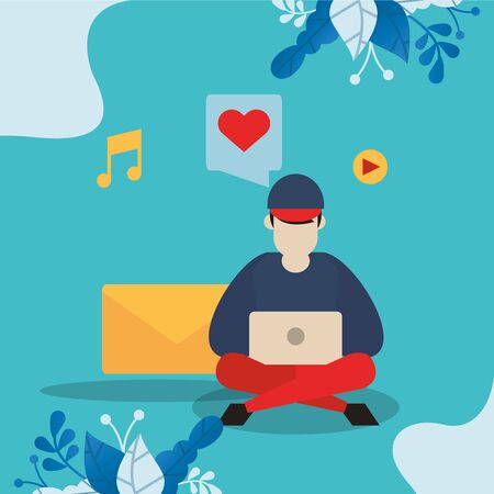 man using laptop with social media app vector illustration designのイラスト素材