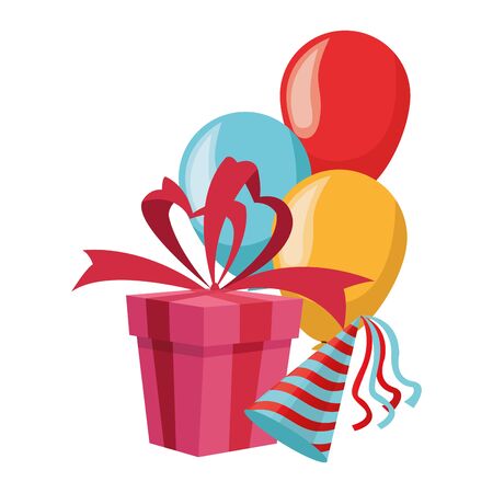 gift box with balloons and party hat over white background, colorful design, vector illustrationのイラスト素材