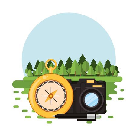 world travel scene with photographic camera and icons vector illustration designのイラスト素材