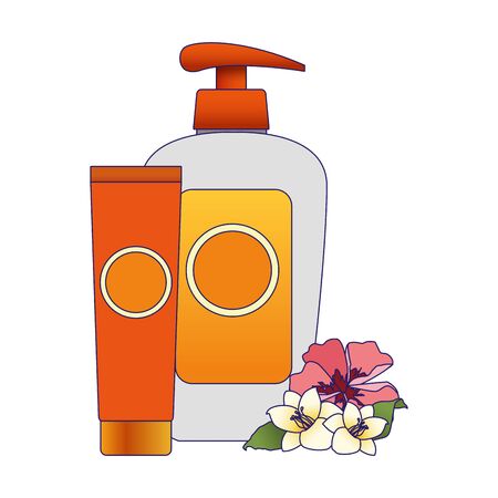 tropical flowers and sunscreens bottles over white background, vector illustrationのイラスト素材
