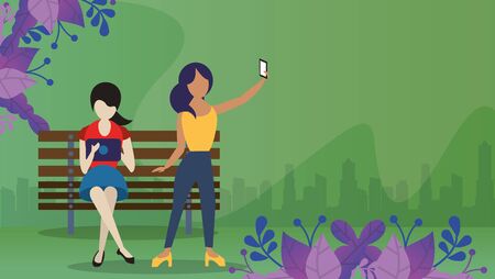 girls using smartphones with social media app vector illustration designのイラスト素材