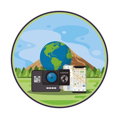 world travel scene with world planet in landscape vector illustration designのイラスト素材