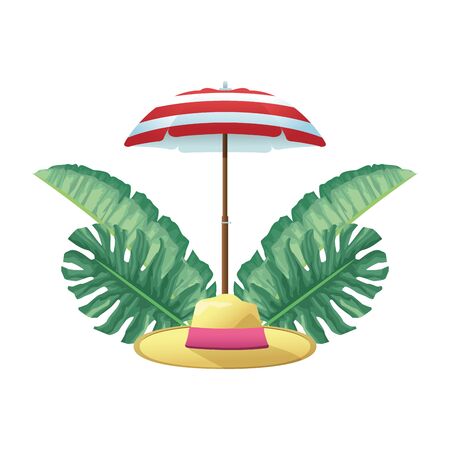 parasol with beach hat and tropical leaves icon over white background, colorful design, vector illustrationのイラスト素材