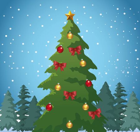 christmas tree with ornaments over blue snowy background, colorful design, vector illustrationのイラスト素材