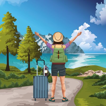 Beautiful lake and mountains landscape with traveler woman standing, colorful design, vector illustrationのイラスト素材