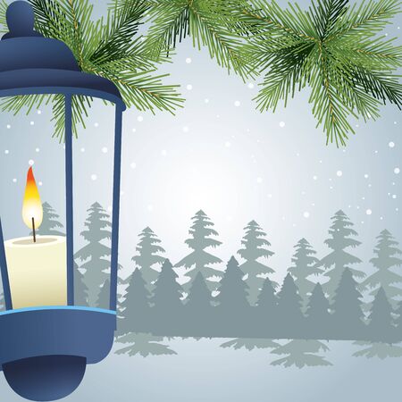 street lantern and pine leaves over snowy background, colorful design, vector illustrationのイラスト素材