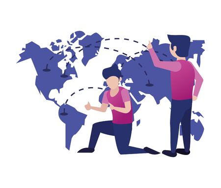 young men with world planet earth characters vector illustration designのイラスト素材