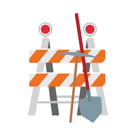 safety barrier with pickaxe and shovel icon over white background, vector illustrationのイラスト素材