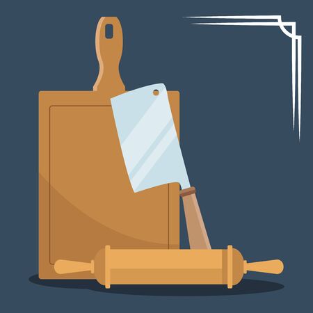 chopping board with cleaver and rolling pin over blue background, colorful design , vector illustrationのイラスト素材