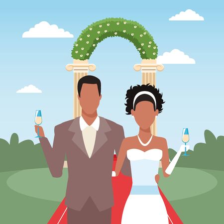 just married couple holding champagne glasses, colorful design, vector illustrationのイラスト素材