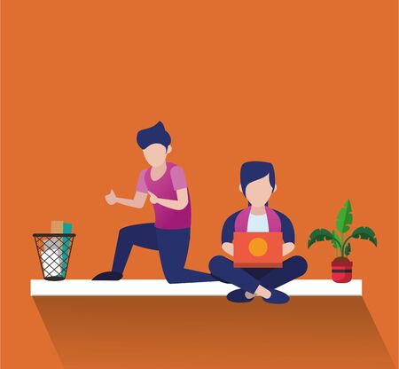 young men using laptop avatars characters vector illustration designのイラスト素材