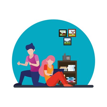 young couple using laptop avatars characters vector illustration designのイラスト素材