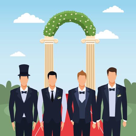 Weeding grooms standing over floral arch and landscape background, colorful design, vector illustrationのイラスト素材
