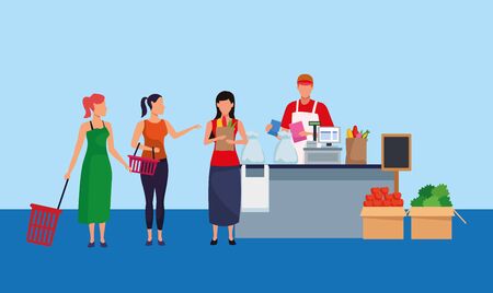 avatar supermarket worker at cash register with women customers over blue background, colorful design , vector illustrationのイラスト素材