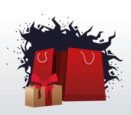 Shopping bags and gift box over black and white background, colorful design, vector illustrationのイラスト素材