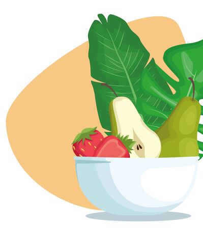 tropical leaves and bowl with fruits over yellow and white background, colorful design , vector illustrationのイラスト素材