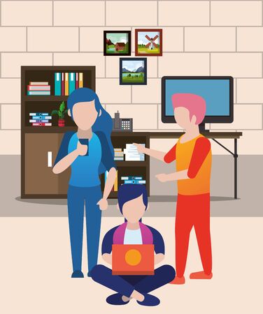 young people using smartphone and laptop characters vector illustration designのイラスト素材