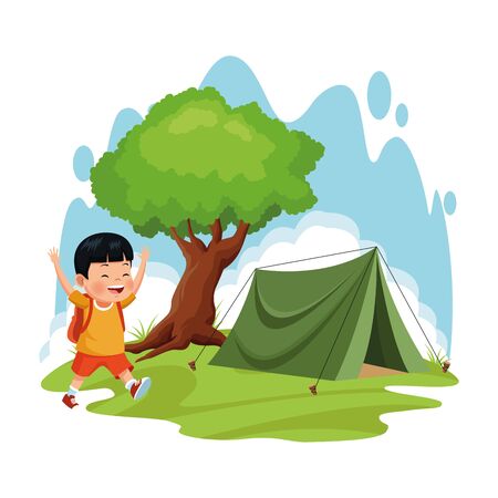school camping design with tent and cartoon boy over white background, colorful design , vector illustrationのイラスト素材