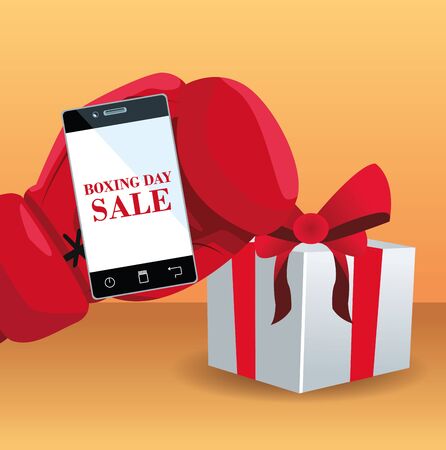 Gift box and boxing glove with cellphoen over orange background, colorful design, vector illustrationのイラスト素材