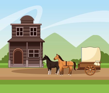 Western town design with horses carriage and wooden building over landscape background, colorful design, vector illustrationのイラスト素材