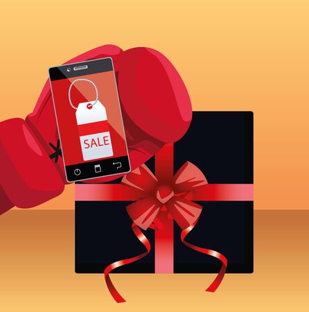 Gift box and Boxing glove holding a smartphone with sale tag over orange background, colorful design, vector illustrationのイラスト素材