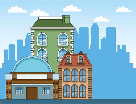 classic buildings over urban city background, colorful design, vector illustrationのイラスト素材
