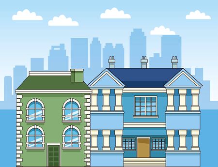 classic buildings over urban city background, colorful design, vector illustrationのイラスト素材