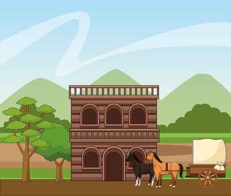 Western town with wooden building and horses carriage over landscape background, colorful design, vector illustrationのイラスト素材