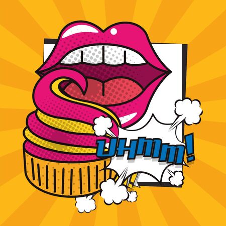 poster pop art style with female mouth eating cupcake vector illustration designのイラスト素材