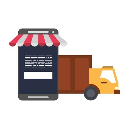 Online shopping and payment smartphone store and delivery truck symbols vector illustration graphic designのイラスト素材