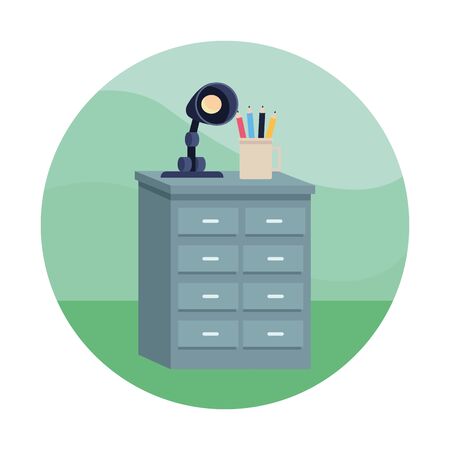 Office drawer with pencils cup and light lamp cartoon ,vector illustration graphic design.のイラスト素材