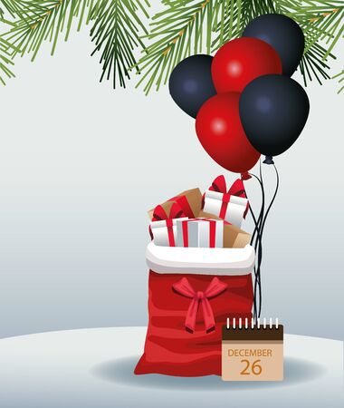 Christmas bag with gifts boxes, red and black balloons and calendar with december 26 date over gray background, colorful design, vector illustrationのイラスト素材