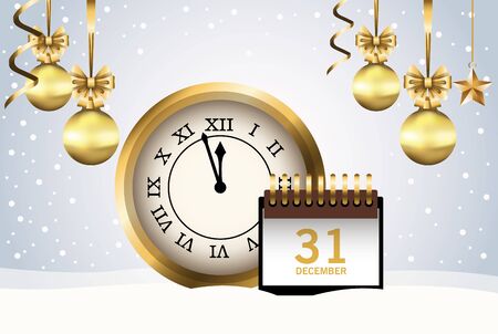 happy new year card with watch and calendar vector illustration designのイラスト素材