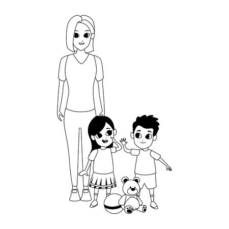cartoon woman with happy kids over white background, vector illustrationのイラスト素材