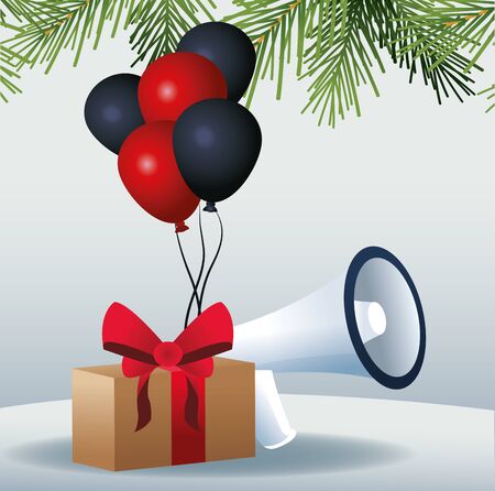 Gift box, balloons and megaphone over gray background, colorful design, vector illustrationのイラスト素材