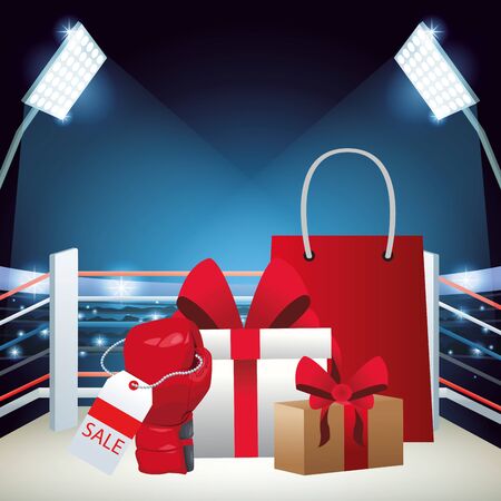 Gift boxes and shopping bag over boxing ring background, colorful design, vector illustrationのイラスト素材