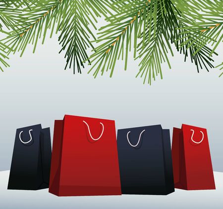 black and red Shopping bags and decorative pines branches over gray background, colorful design, vector illustrationのイラスト素材